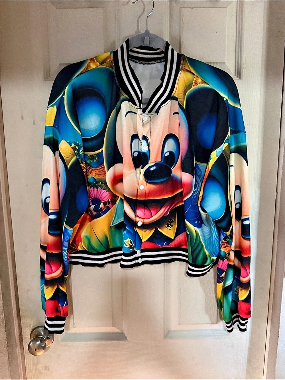 Mickey Mouse Graphic Varsity Jacket in Blue & Multicolor. Half jacket style. Siz